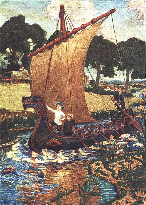 two children in dragon sailing ship