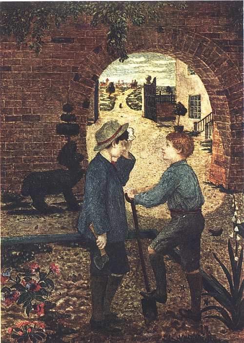 two boys standing by brick wall arch one holding hatchet and the other leaning on a shovel