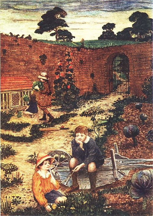 two boys, one sitting on wheelbarrow; two girls in background feeding rabbits