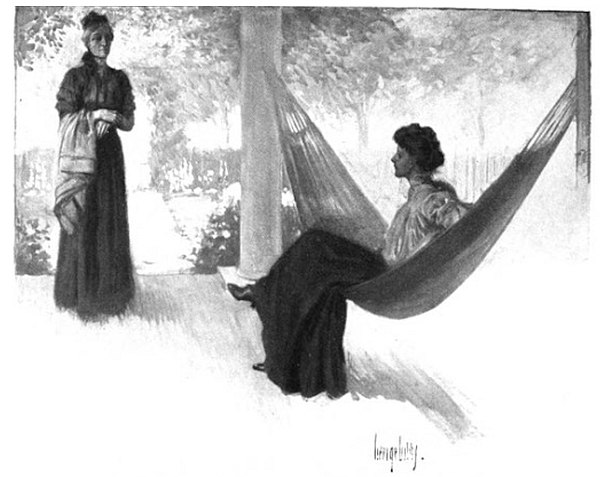 Woman in hammock looking at older woman standing