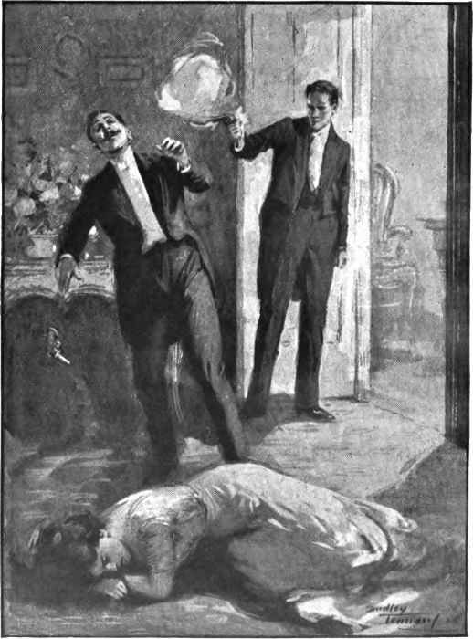 Frontispiece showing one man firing a pistol at another man while a woman lies on the floor