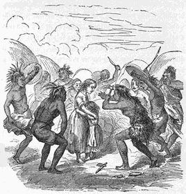 Several Indians with hatchets, knives, and clubs dancing around Olive and Mary Ann