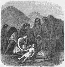 Olive and an Indian woman grieving over Mary Ann's
body as other Indians look on