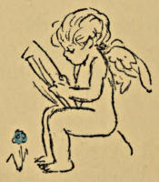 Cupid, seated on a rock by a flower, reading a paper