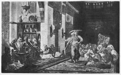 Sword Dance in a Café

Photogravure from the original painting by Jean Léon Gérôme, exhibited
in the Paris Salon, 1888

This fine picture is a thoroughly characteristic specimen of the work of
the most popular of modern French artists. Oriental subjects especially
attracted him, as he had an eye for striking figures and brilliant
colors. He died January 10, 1904.