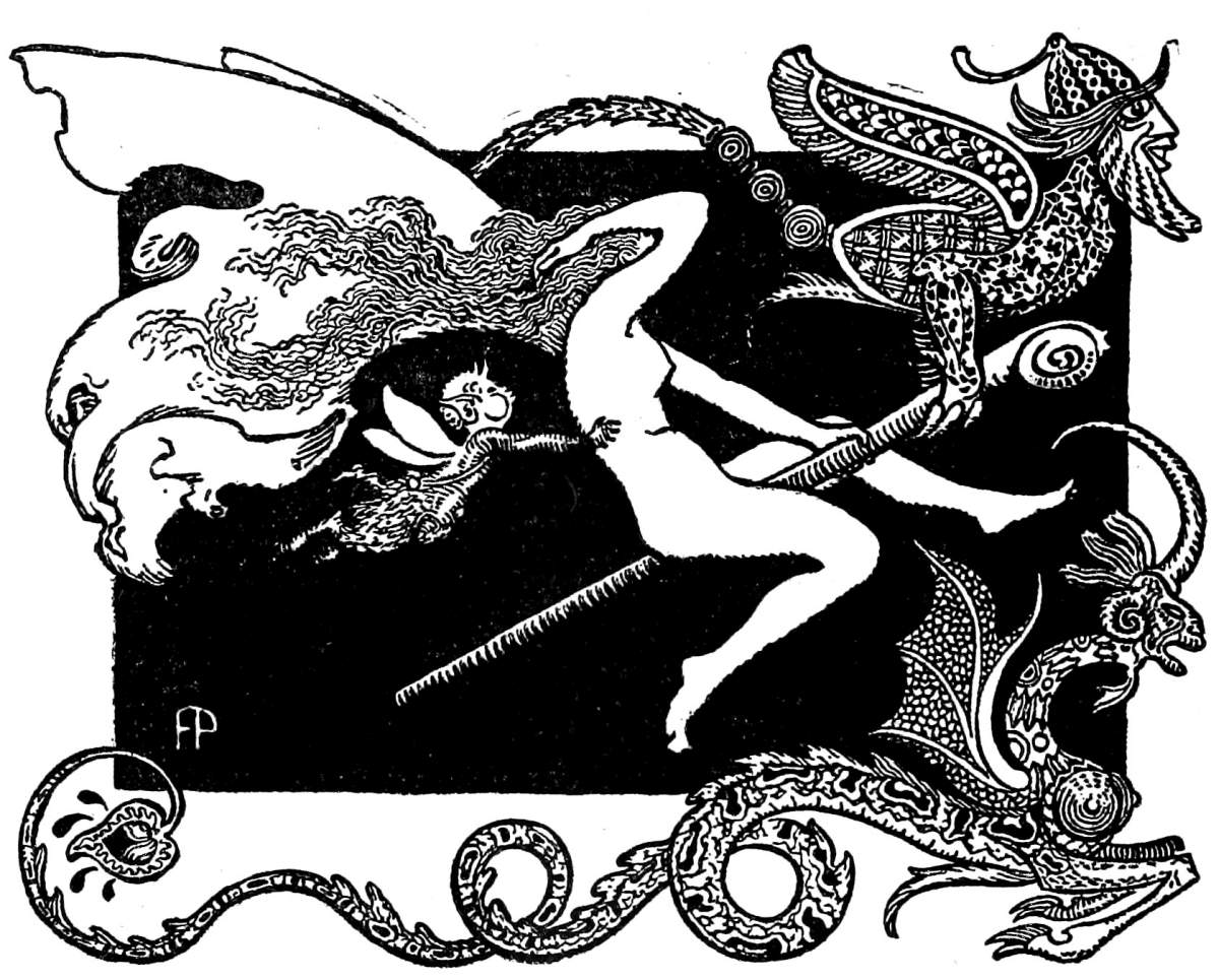 Naked woman with dragon and fairy