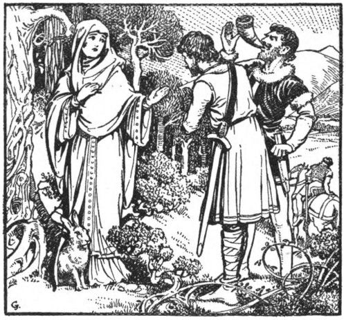 Illustration showing St. Melangell greeting a few men.]