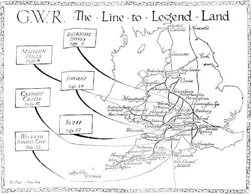 Map of central England and Wales showing the routes of the Great Western Railway and highlighting some of the locations in this book: Malvern Hills (page 8), Cadbury Castle (page 16), Wayland Smith’s Cave (page 32), Rollright Stones (page 4), Fingest (page 28) and Bath (Page 12).