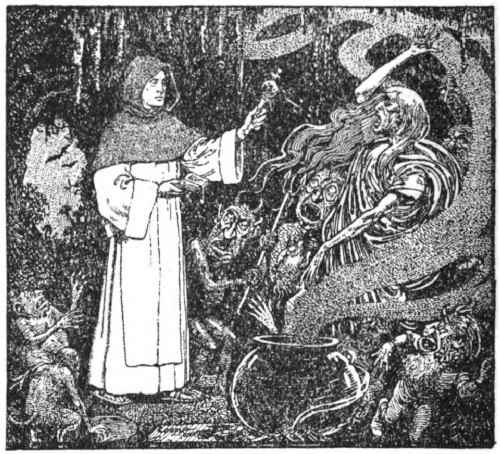A monk sprinkling holy water on hideous creatures in a cave.