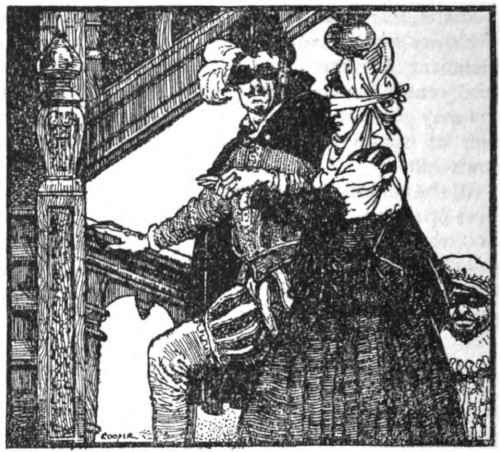 Masked man leading blindfolded nurse up a staircase.