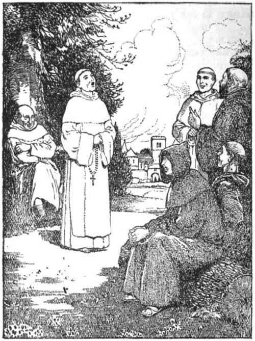 Several monks gathered outdoors, one singing and the others singing other parts or listening.