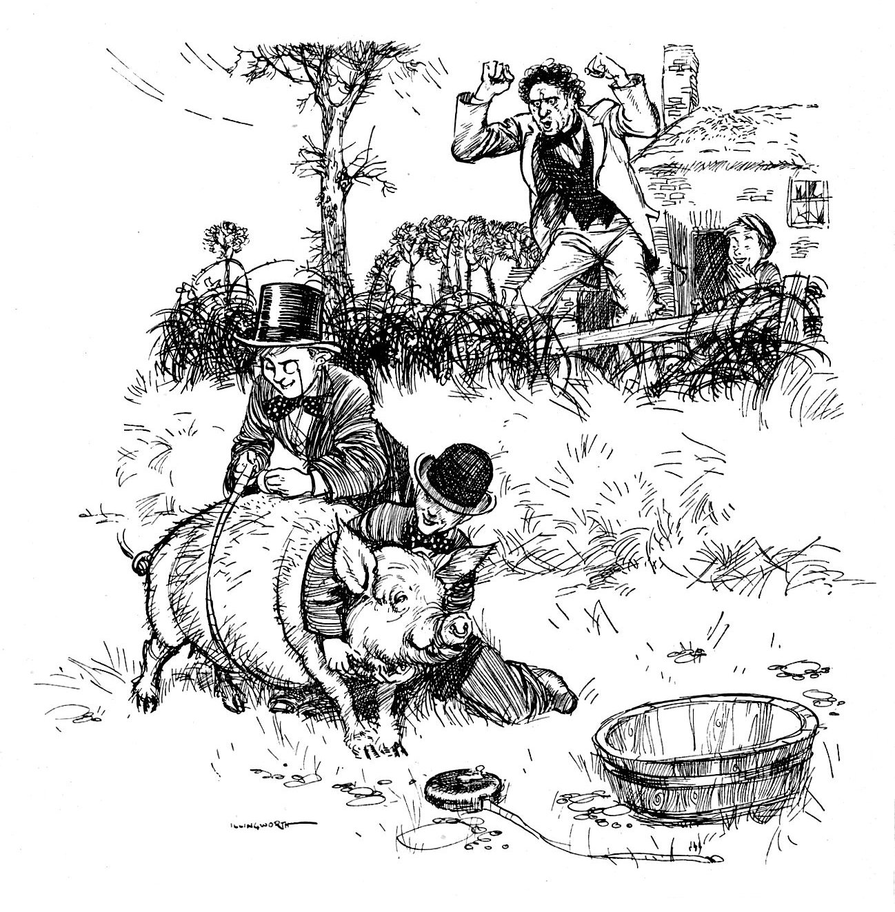 A man shakes his fist at two boys with a pig.