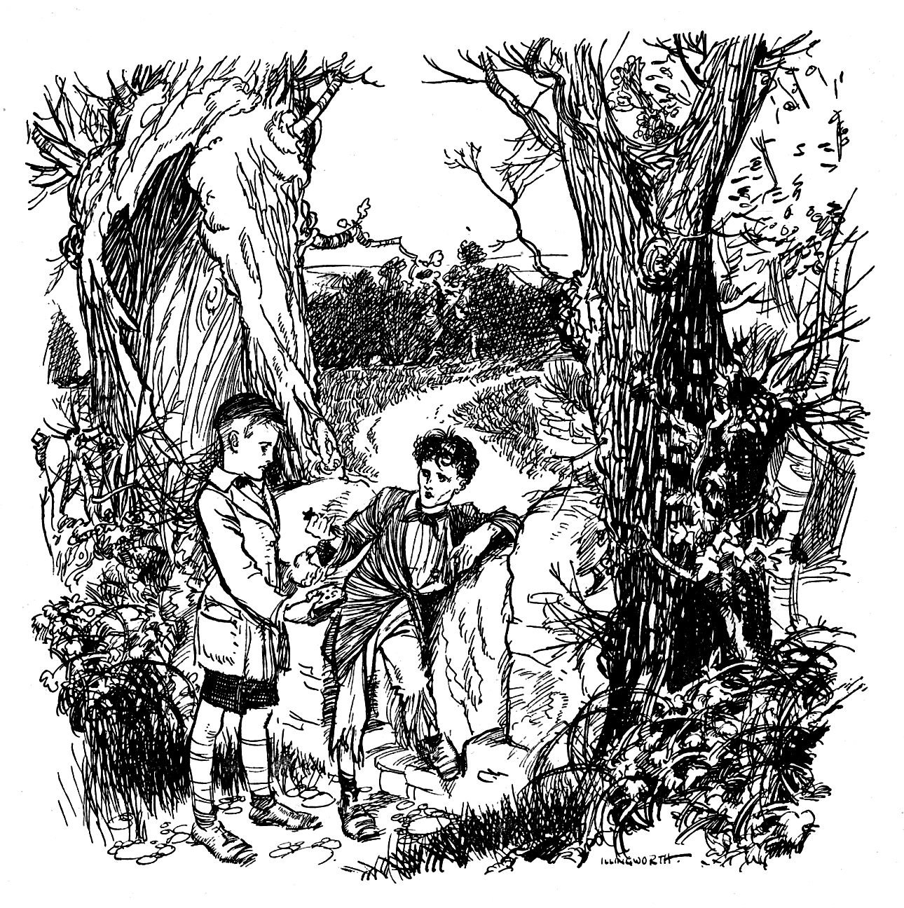Two boys at a forest path.