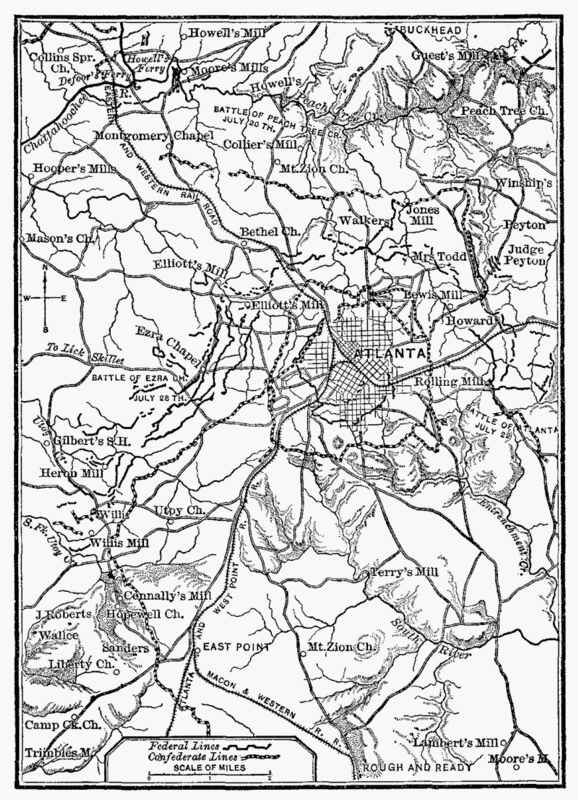 Map of the Atlanta, GA area, showing the Federal and Confederate lines.