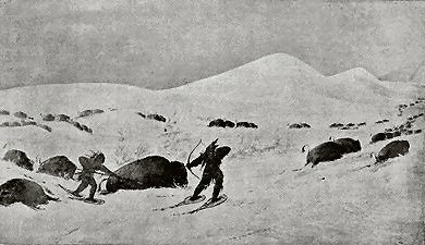 INDIANS ON SNOW-SHOES HUNTING BUFFALOES.