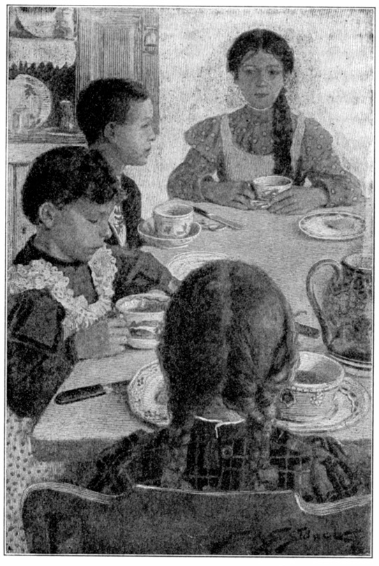 An illustration of a family at table.