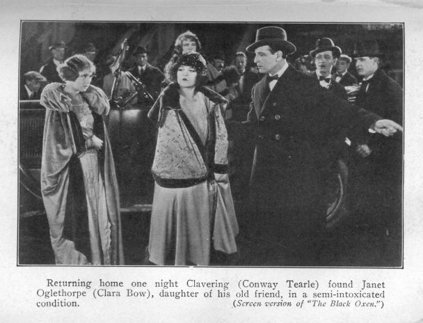 Returning home one night Clavering (Conway Tearle) found Janet Oglethorpe (Clara Bow), daughter of his old friend, in a semi-intoxicated condition.  (_Screen version of "The Black Oxen."_)