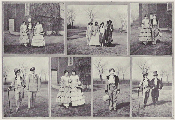 Seven photographs of students in 19th century costume