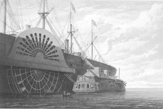 T. Picken, lith from a drawing by R. Dudley

London, Day & Sons, Limited, Lith.

THE OLD FRIGATE WITH HER FREIGHT OF CABLE ALONGSIDE THE “GREAT EASTERN”
AT SHEERNESS.