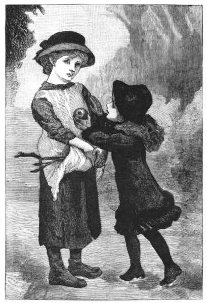 Girl with sticks in apron being given an apple
