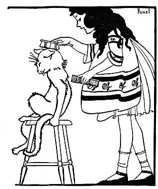 Girl in smock combing cat's fur who is seated on a stool