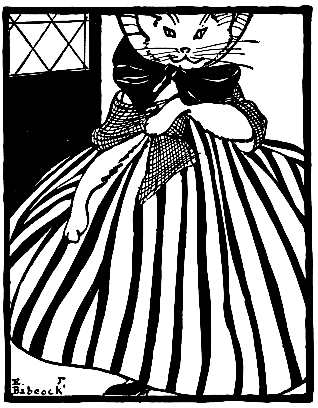 Cat in striped dress with very full skirt and a bonnet