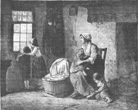children and woman watching window
