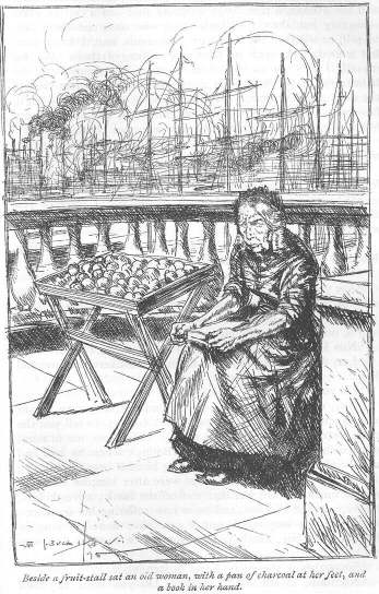 Beside a fruit-stall sat an old woman, with a pan of charcoal at her feet, and a book in her hand