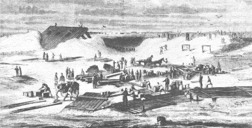 Confederate preparations at Cummings Point, Morris Island. The inclined Ironclad Battery is at the left. From Frank Leslie’s Illustrated Newspaper, March 30, 1861.