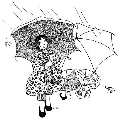 Three girls under umbrellas