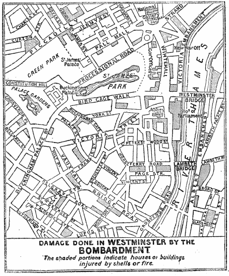 Image unavailable: damage done in WESTMINSTER by the BOMBARDMENT.

The shaded portions indicate houses or buildings injured by shells or
fire.