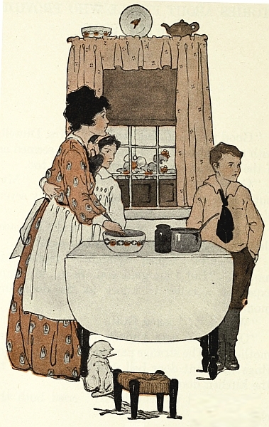 woman cooking while two children watch