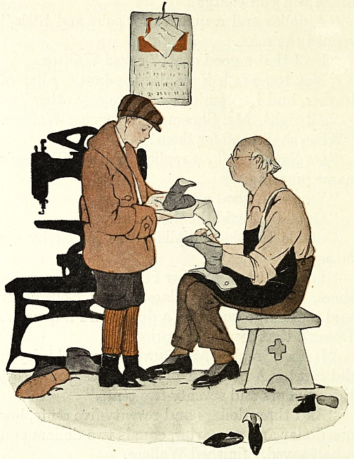 boy showing shoe to shoemaker
