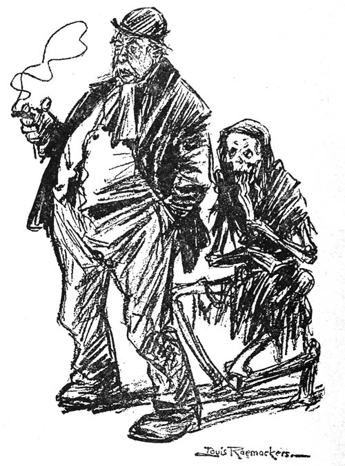 Old man in suit with skeleton crouching behind his back