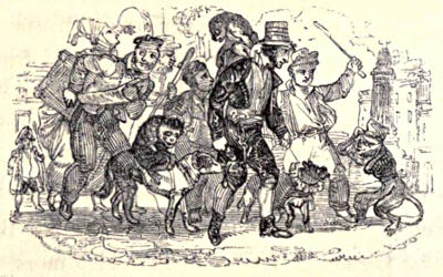 A troupe of itinerant performers, with monkeys (one riding on a dog)