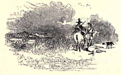 Hunters on horseback, dog, dead antelope