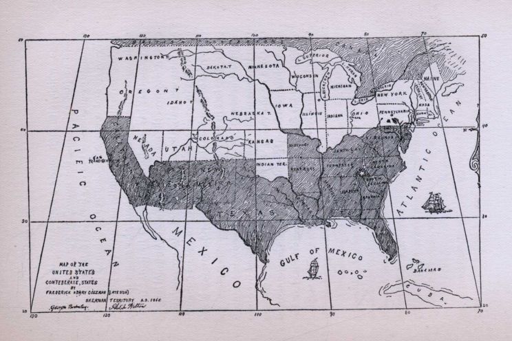 MAP OF THE UNITED STATES AND CONFEDERATE STATES BY FREDERICK HENRY COLEMAN (LATE USA) SHERMAN TERRITORY A.D. 1865.