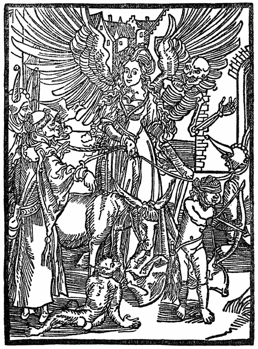 88. Venus met haar trawanten—Amor, de Dood, de Ezel en de Aap—de menschheid mennend.