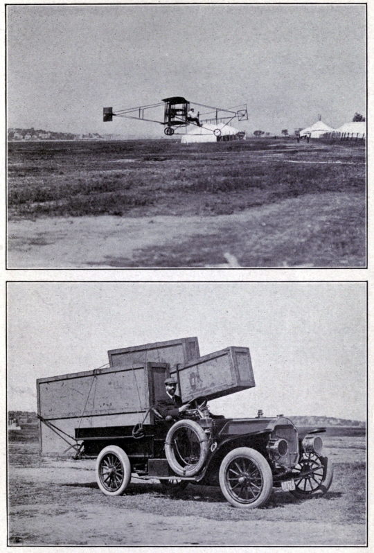 (A) AUGUSTUS POST FLYING AT THE FIRST HARVARD-BOSTON MEET (B) AN AEROPLANE PACKED FOR SHIPMENT–POST DRIVING