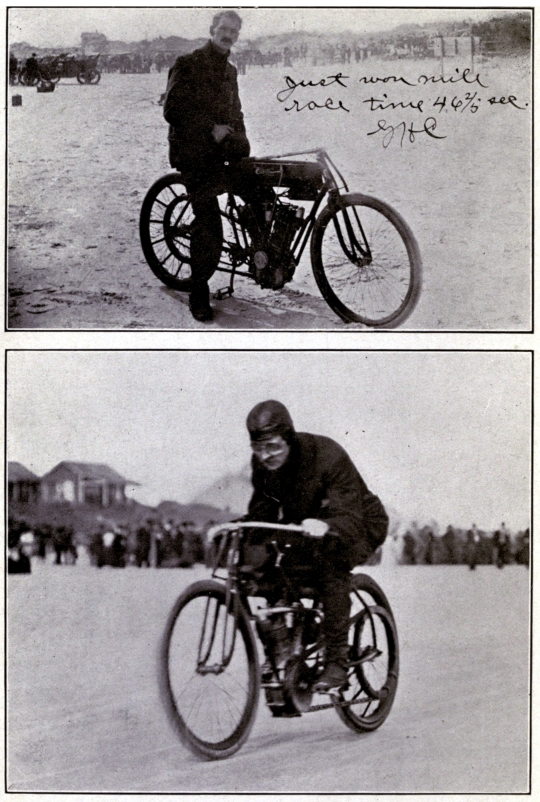 (A) POST CARD SENT BY CURTISS TO HIS WIFE, JANUARY 24, 1907 (B) CURTISS MAKING WORLD'S MOTORCYCLE RECORD, ORMOND