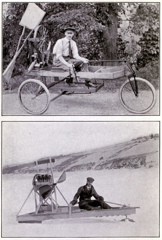 NEARLY UP IN THE AIR (A) The wind wagon Curtiss in 1904. (B) Ice boat with aerial propeller