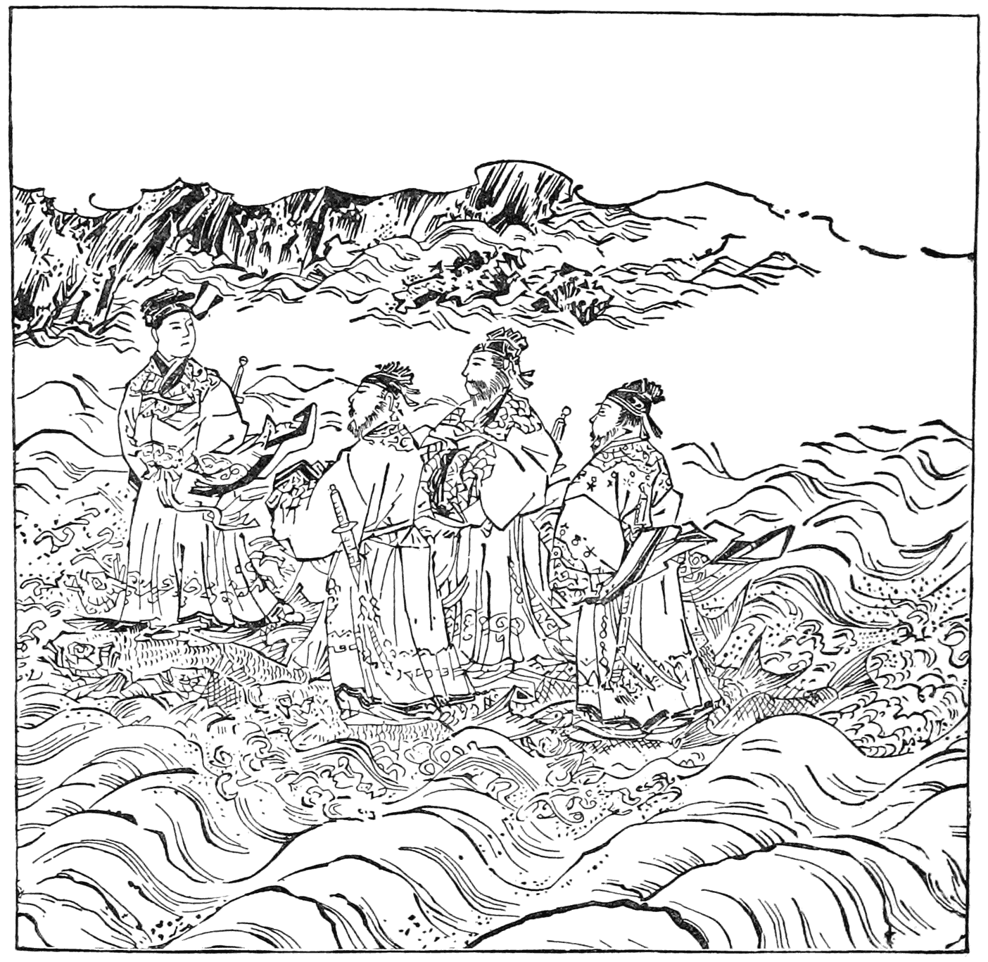 The Founder of Fuyu Crossing the Sungari River. (Drawn by G. Hashimoto, Yedo, 1853.)