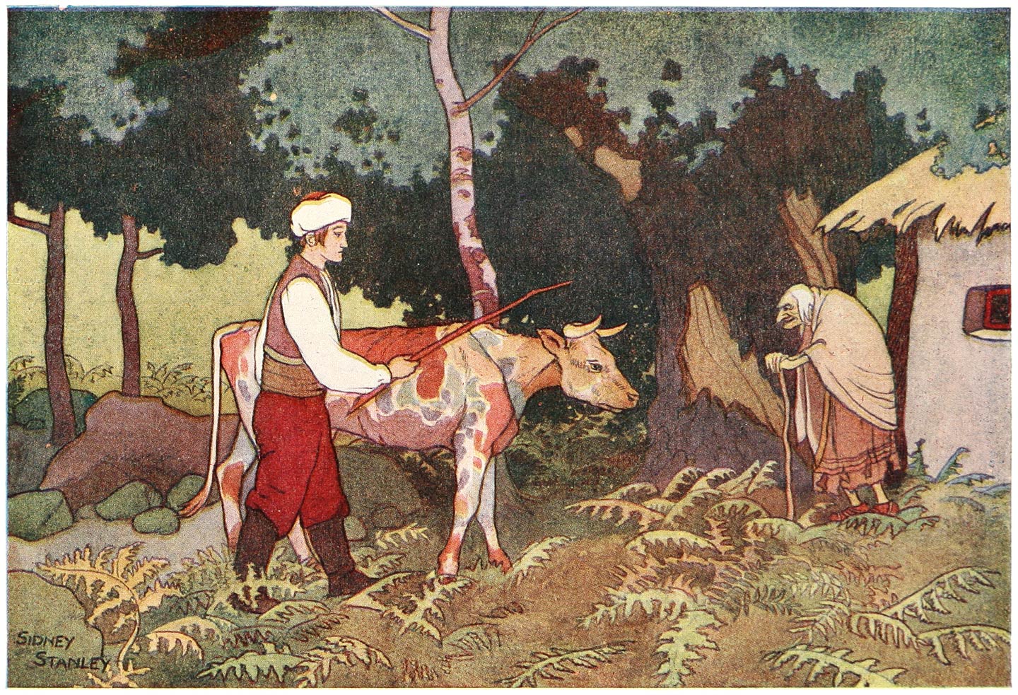 “He drove the cow to the hut where he had passed the night.”
