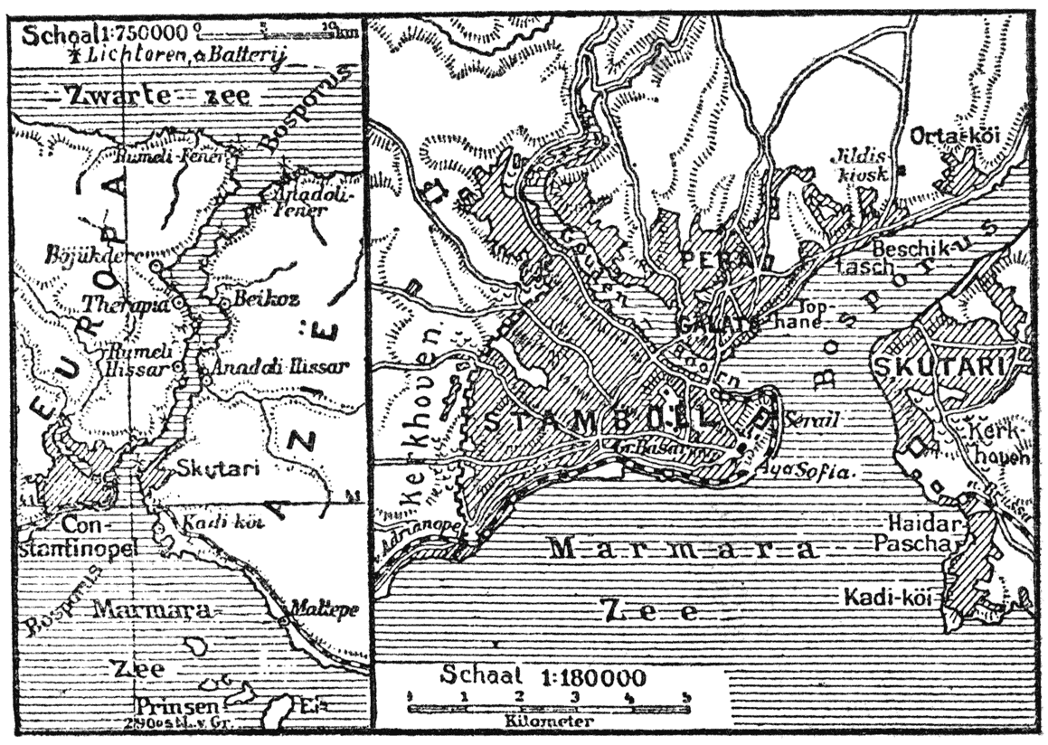 Kaart van de Bosporus en plan van Konstantinopel.