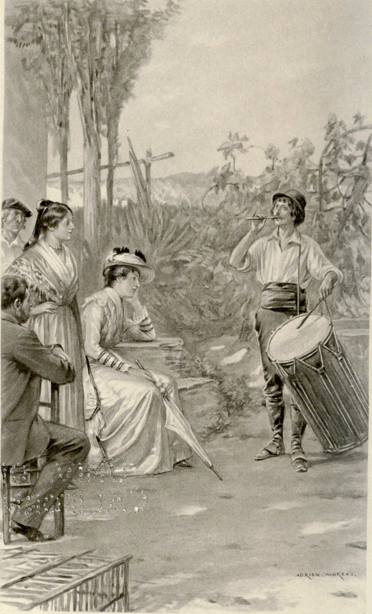 musician with pipe and drum playing to men and women